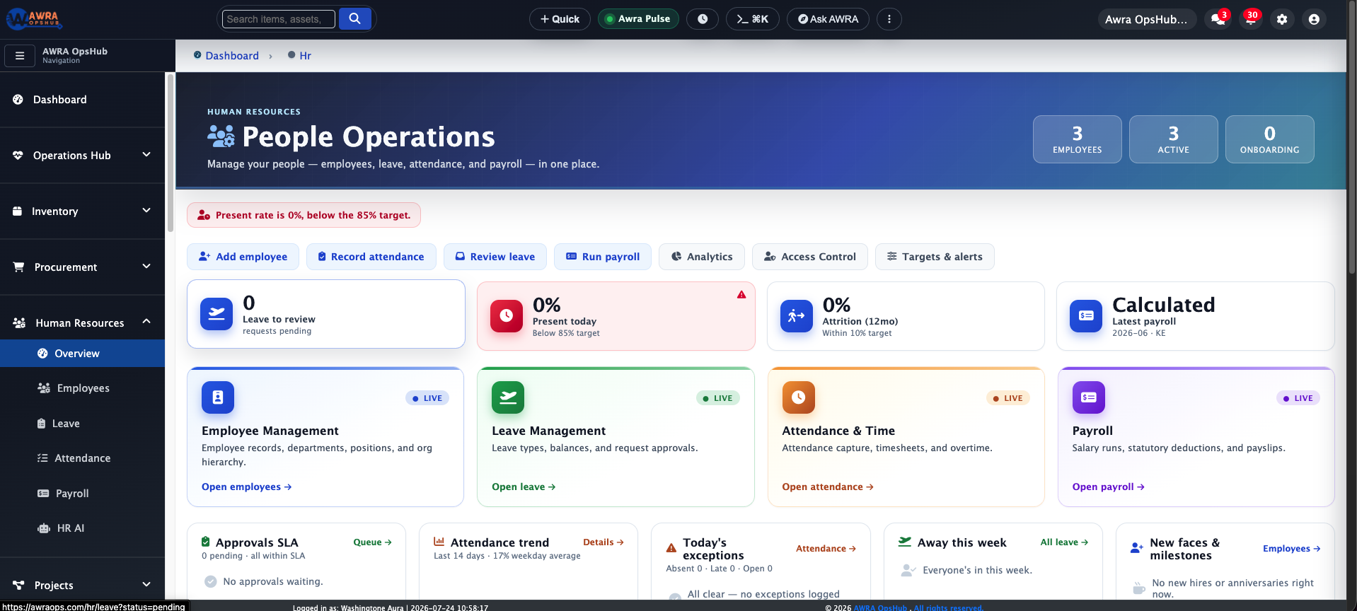 AWRA OpsHub People and HR — where employee self-service requests are reviewed and managed