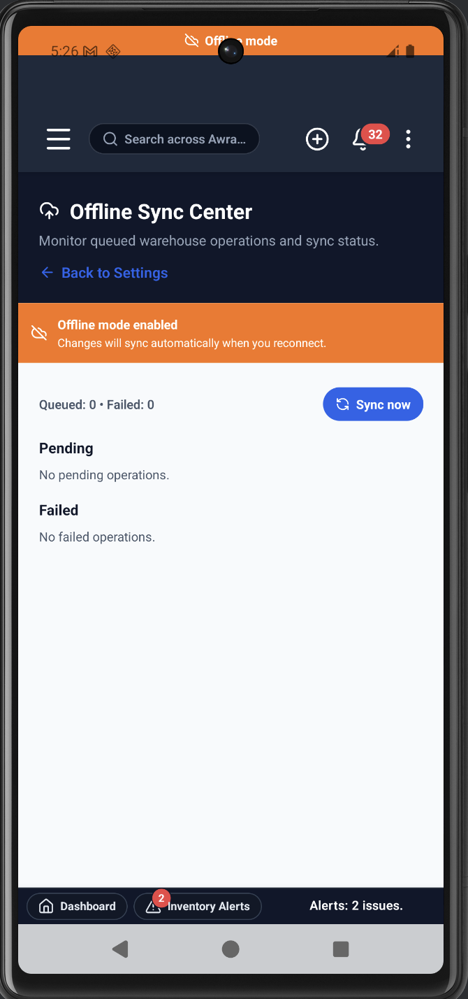 Mobile warehouse operations dashboard