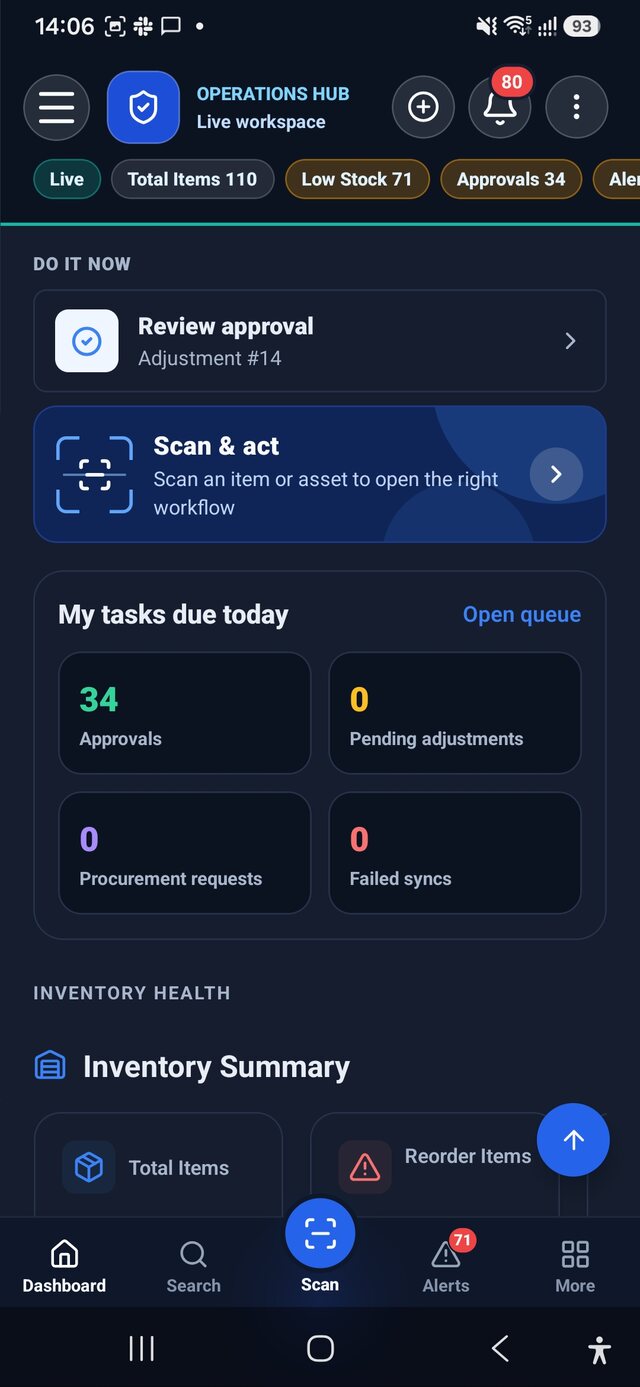AWRA OpsHub Android do-it-now panel with the next approval, scan shortcut and tasks due today
