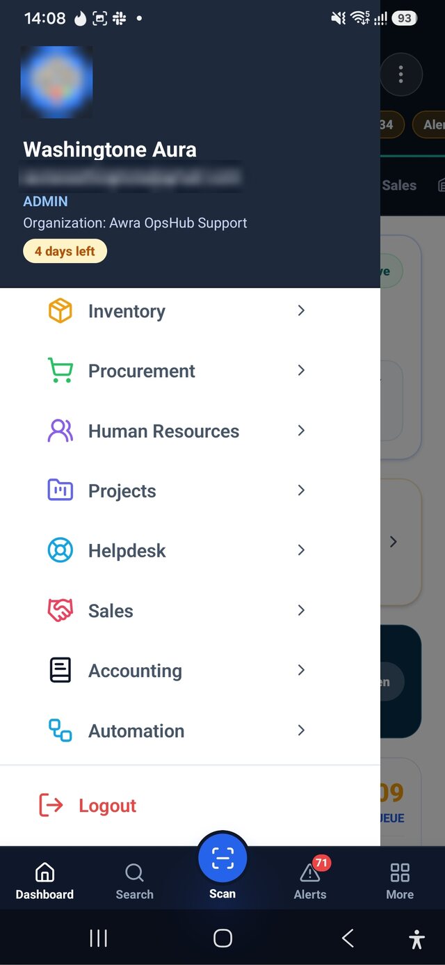 AWRA OpsHub Android navigation drawer listing inventory, procurement, HR, projects, helpdesk, sales, accounting and automation