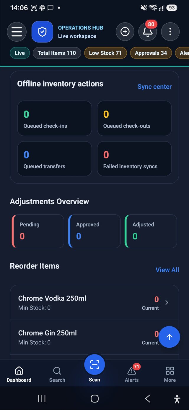 AWRA OpsHub Android offline inventory actions with queued check-ins, check-outs, transfers and failed syncs