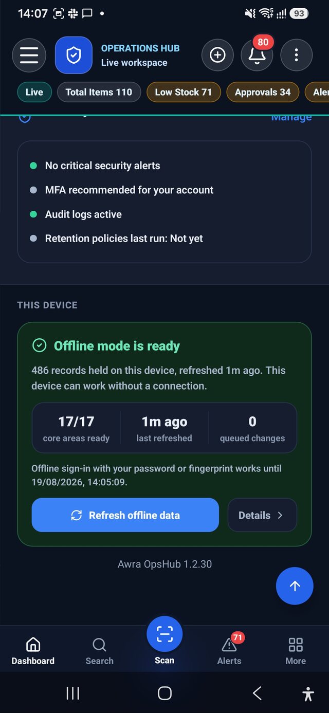 AWRA OpsHub Android offline readiness panel: records held on the device, last refresh, queued changes
