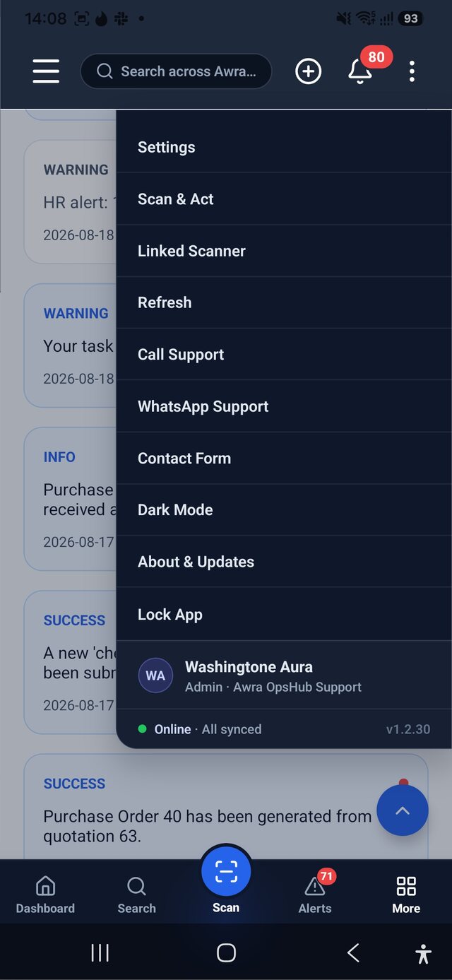 AWRA OpsHub Android quick menu with scan and act, linked scanner, support options, dark mode and lock app