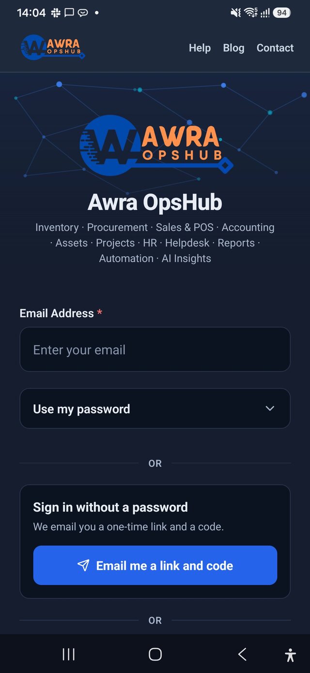 AWRA OpsHub Android sign-in screen with password and passwordless options