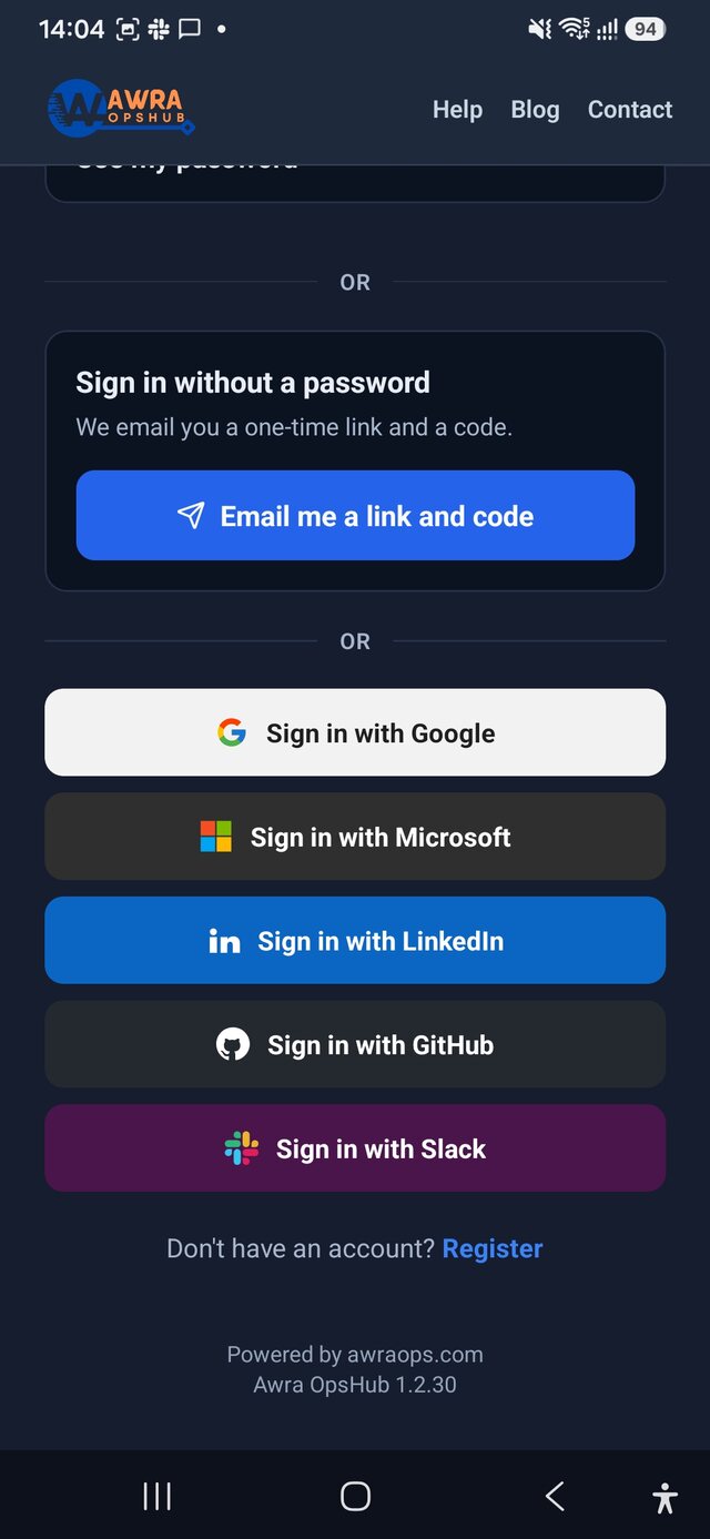 AWRA OpsHub Android single sign-on options: Google, Microsoft, LinkedIn, GitHub and Slack